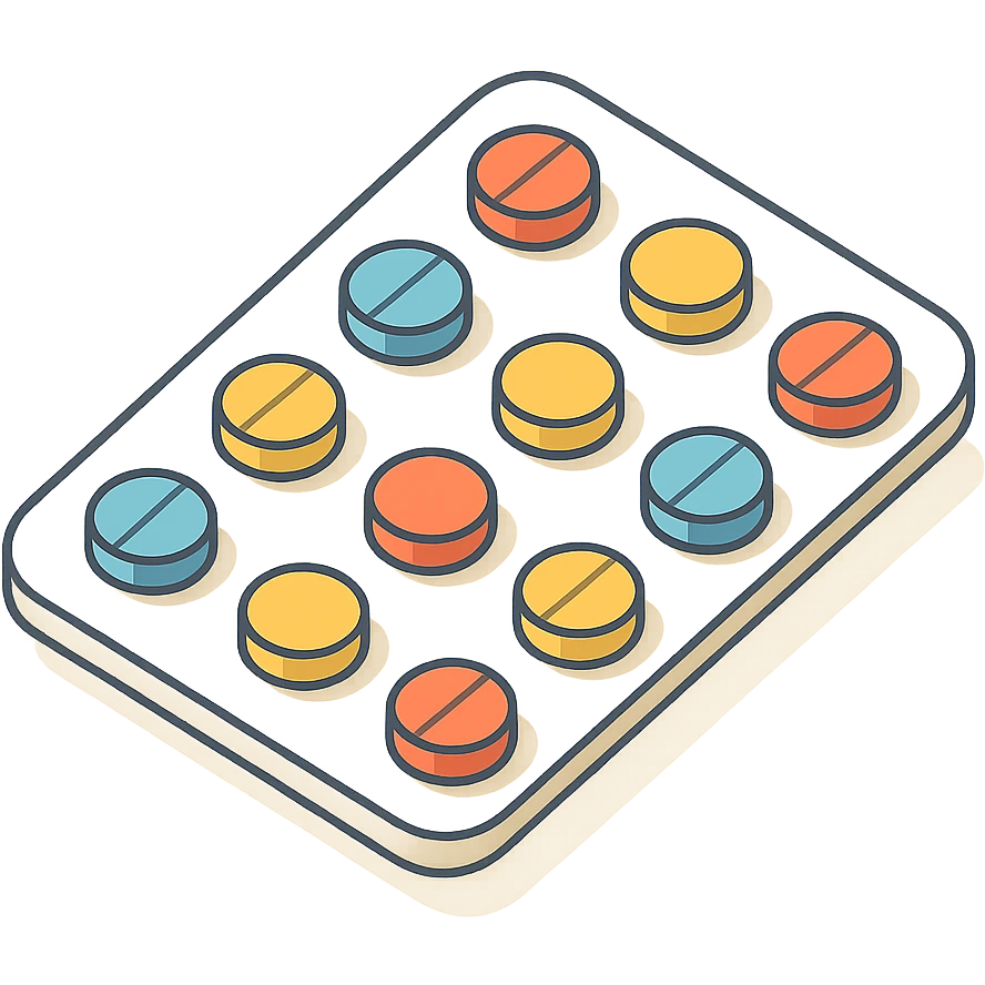 blister pack with multicolored pills, 2D isometric style, soft rounded shapes, clean contours, pastel palette, detailed shadows and highlights, modern illustration emoji