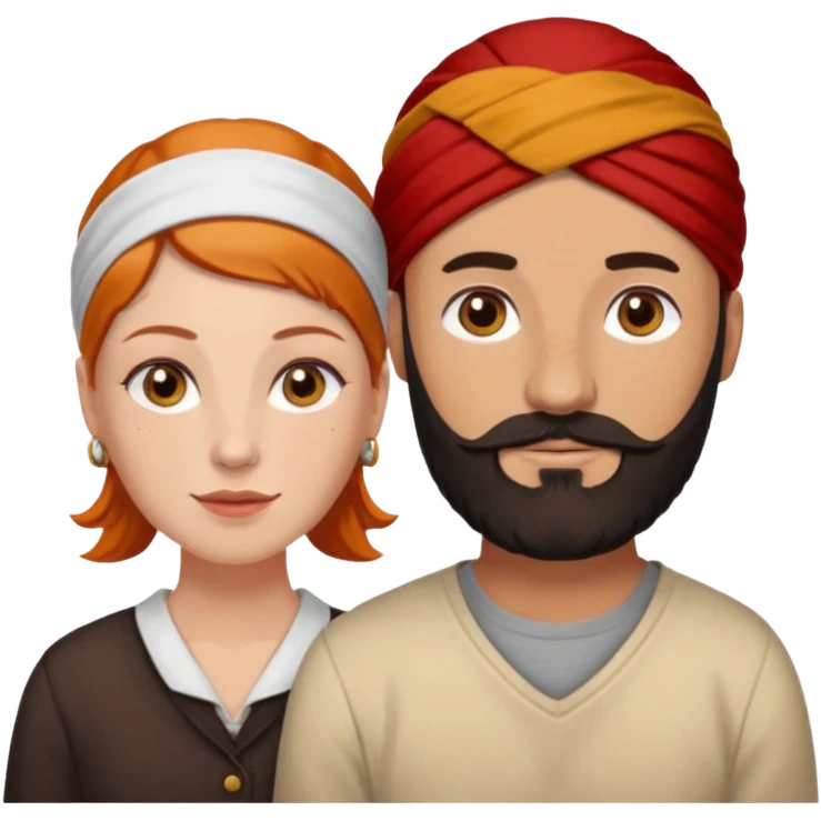 Couple. Bald man with dark brown-black beard. White woman with many small, faded freckles, she has white skin and she has auburn-yellow-brown-cinnamon, dark hair. She has light orange-brown eyes. The man have hazel eyes. Retro style. emoji