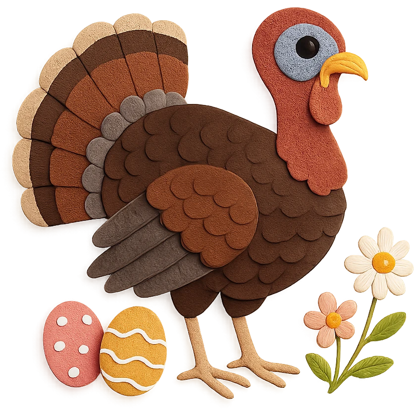 close-up of a wild turkey in paper craft style, fine paper edges, realistic feather patterns, Easter eggs at its feet, spring flowers emoji
