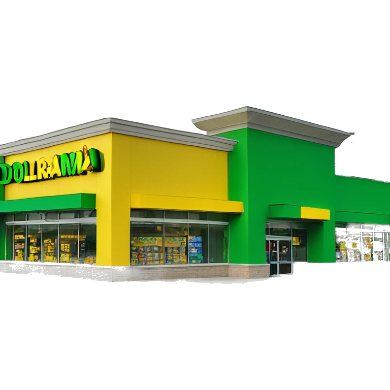 “Exterior of a Dollarama store with the bright green facade, bold yellow Dollarama sign, large front windows, and entrance doors, capturing the look of a budget-friendly retail store.” emoji