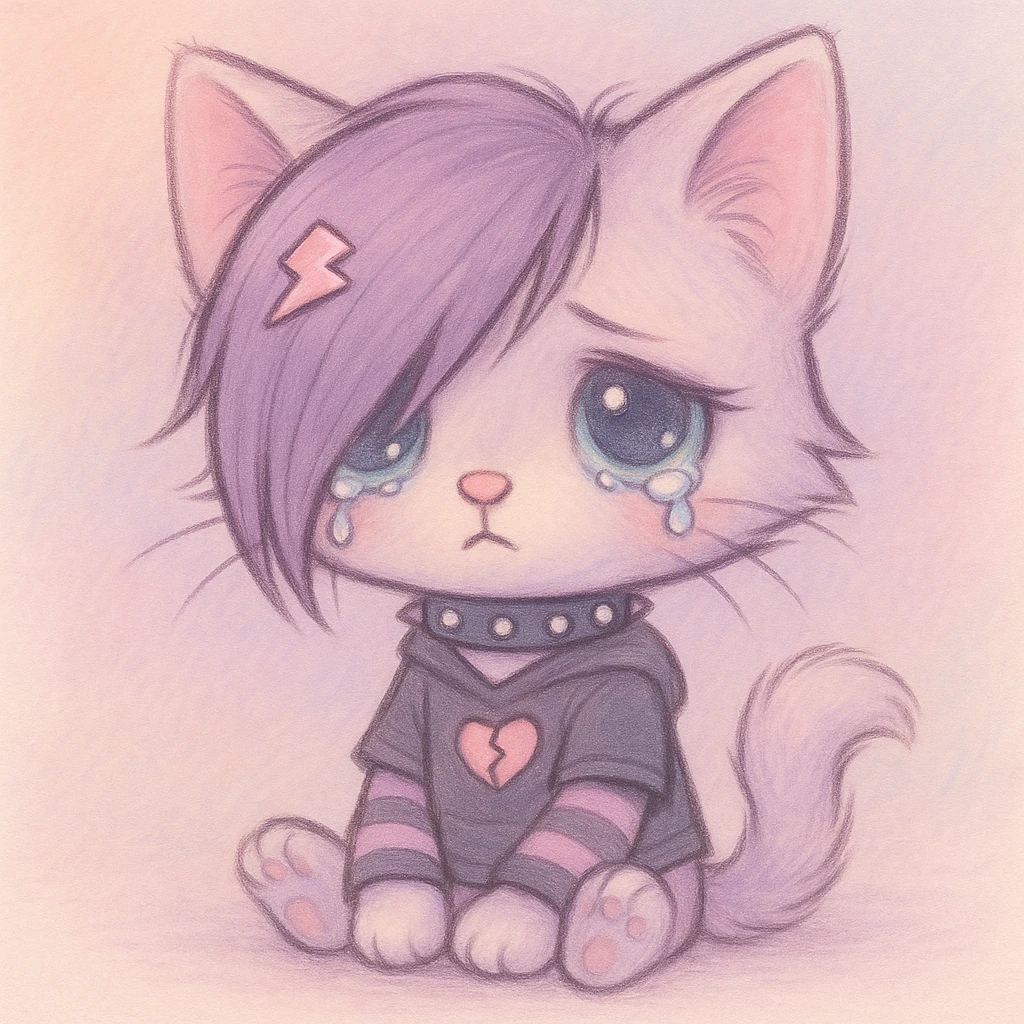 pastel toon style emo kitty with soft colors, teary eyes, emo fashion emoji
