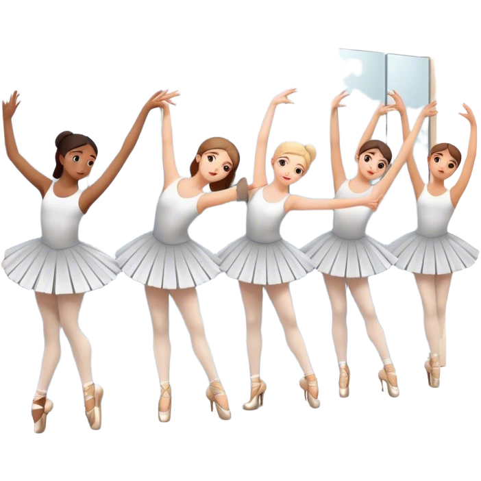 Icon for Choreography: a group of dancers in identical poses, standing by a wall with all wall long mirror, holding a long barre with one hand. The icon should capture the discipline and synchronized movement of dance training. Transparent background. emoji