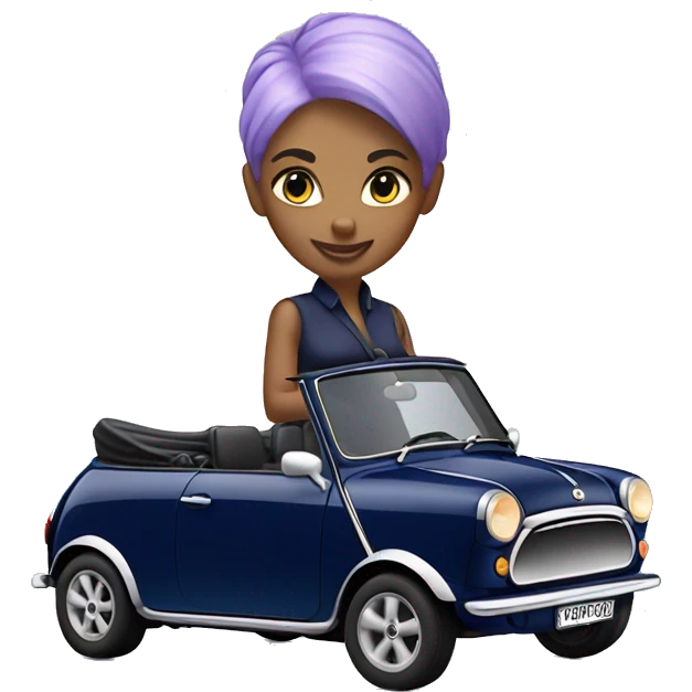 navy blue convertible Mini Cooper, with short, lilac colored haired woman driving emoji