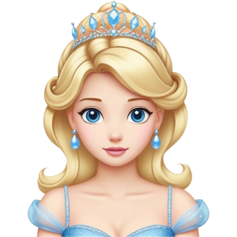 Cinematic Majestic Cinderella Portrait Emoji, rendered in a realistic, vector-style with clean, bold shapes. Depict Cinderella with a refined, noble expression, her fair skin luminous and her long blonde hair styled in an elegant updo, adorned with a delicate tiara. Her attire is a simple, sparkling ball gown that radiates soft pastel hues, glowing with a soft, majestic light and a subtle glowing outline, epitomizing classic royal beauty. emoji
