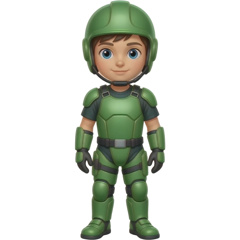 Child standing upright, green protective gear over simple clothes, relaxed upright posture.
 emoji