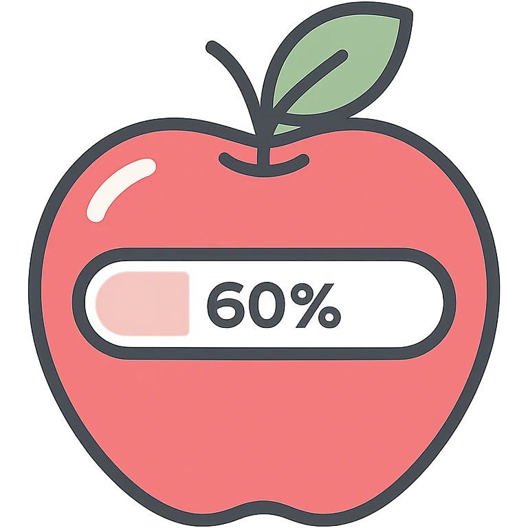 a glossy red apple with a green leaf on top, featuring a digital-style progress bar across its surface, partially filled to 60%, pure white background emoji
