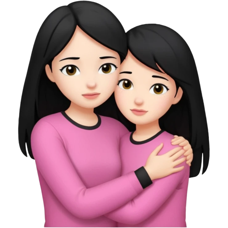 Two girls with black hair, one wearing white shirt and the other wears pink shirt, hugging each other romantically  emoji