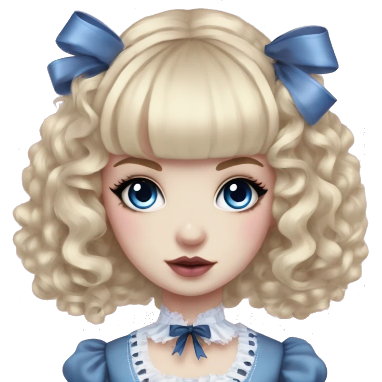 pale woman with blonde curly hair and bangs, pink lips and eyeshadow, long eyelashes, blue eyes, blue Lolita dress with laces and ribbons, gothic Lolita doll look emoji