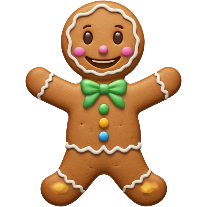 {
    "type": "object",
    "look": "gingerbread man, icing smile, cookie texture, front view",
    "description": "a cheerful gingerbread cookie shaped like a man, smiling with white icing details"
  } emoji