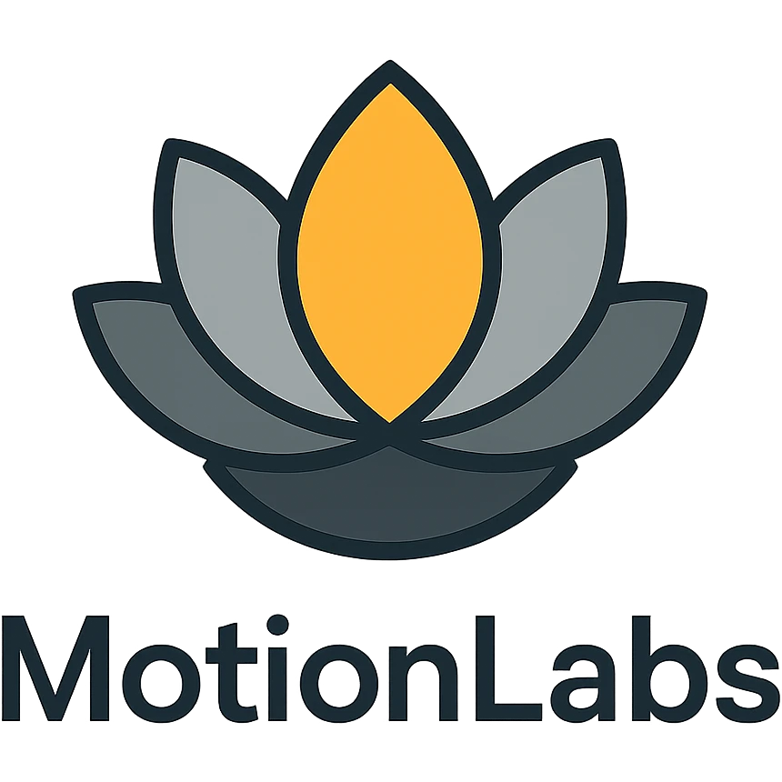 elegant logo for MotionLabs with lotus flower, colors #ffa31a, #808080, #292929 emoji