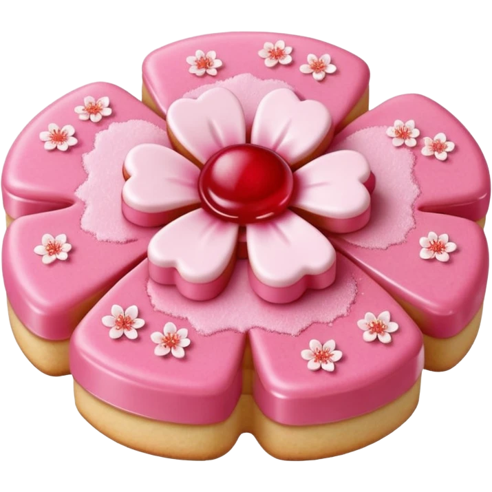 Realistic shortbread cookie in the shape of a cherry blossom with pale pink color jelly middle filling and sprinkled powder sugar on top.emoji emoji