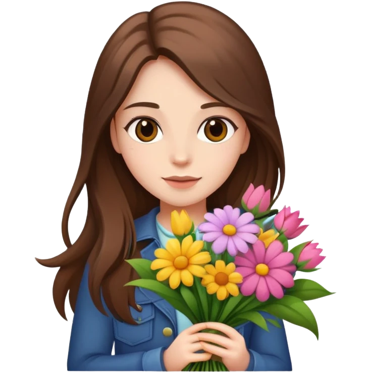 Cool girl with long brown hair and fair skin holding a bouquet of flowers emoji