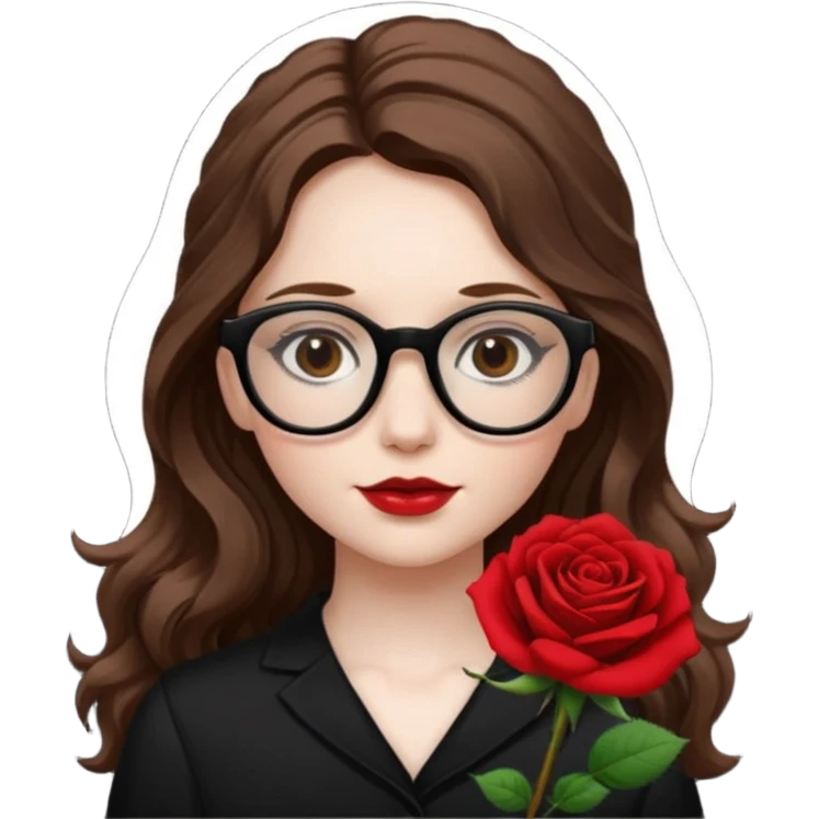 Una ragazza con capelli castani mossi e lunghi e indossi occhiali neri e con una piccola rosa nella testa emoji