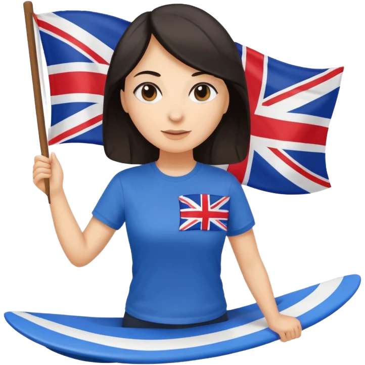 Woman teacher with dark hair in T-shirt with the UK flag surfing  emoji