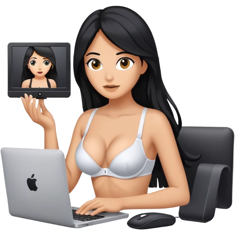 woman streaming on camera filming, with computer, with bra, tanned long black hair emoji