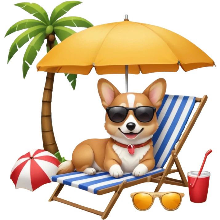 a corgi dog laied on a beach chair, a sunny beach, a sun umbrella, and beach coconut trees. the icon should capture the essence of a relaxing beach vacation with a carefree atmosphere emoji