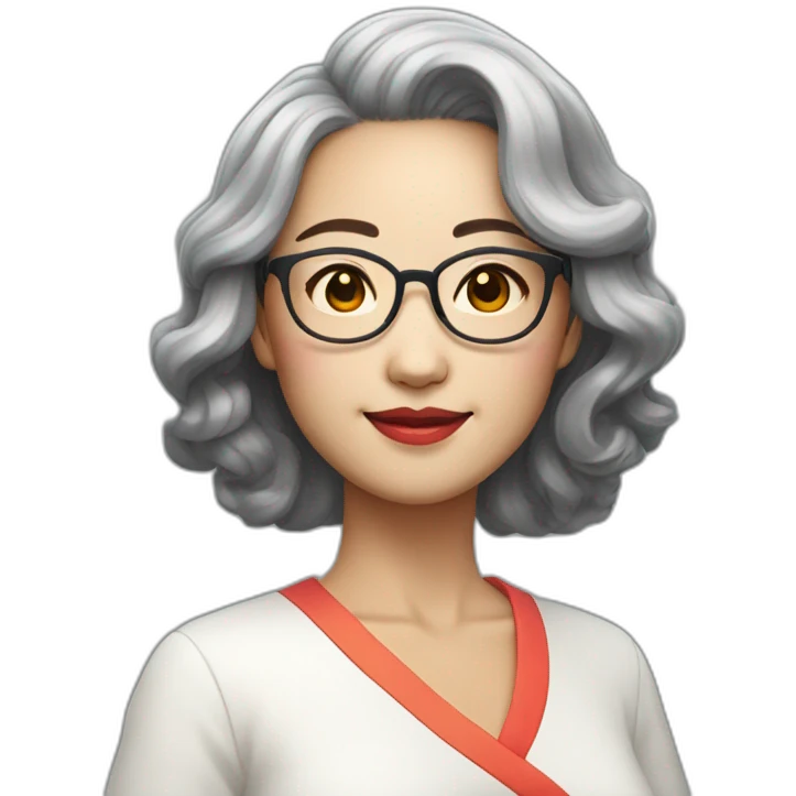 Chinese lady with like Lai gray hair wavy hair to the shoulder length where Chinese dress colourful dress wear glasses emoji