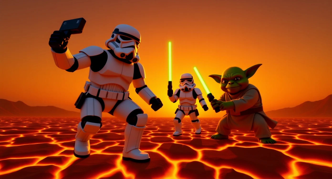 Camera POV, Starwars stormtroopers vlogging selfie, he is walking on lava planet with yoda emoji