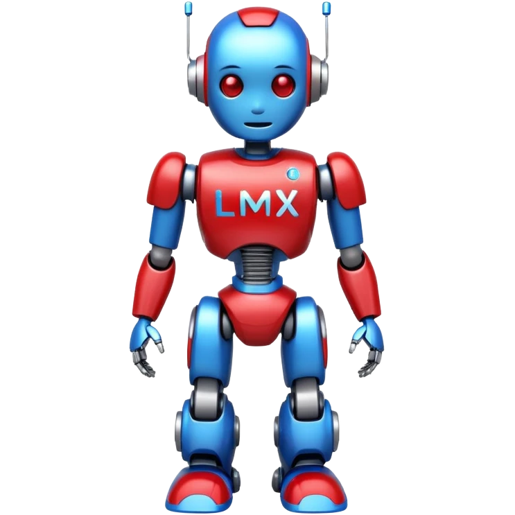 generate cute full body robot glossy, realstic, red and blue color, add text on chest "LMX" emoji