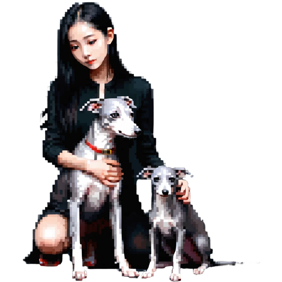 Slim Chinese girl with long black hair petting completely solid grey Italian greyhound with absolutely no white markings anywhere emoji