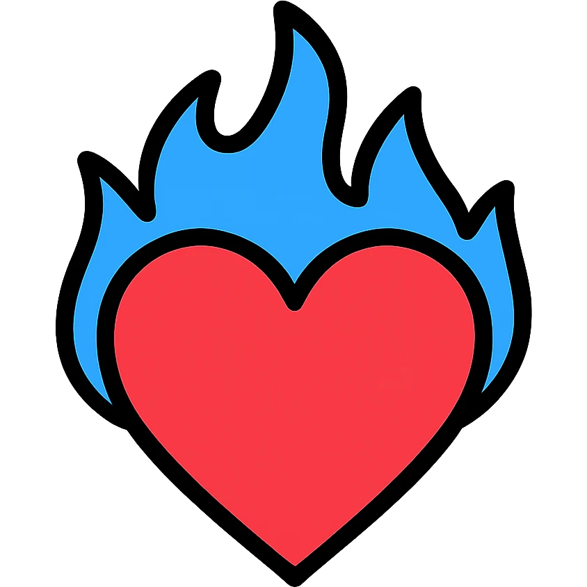 heart engulfed in blue flames, stylized, icon style emoji