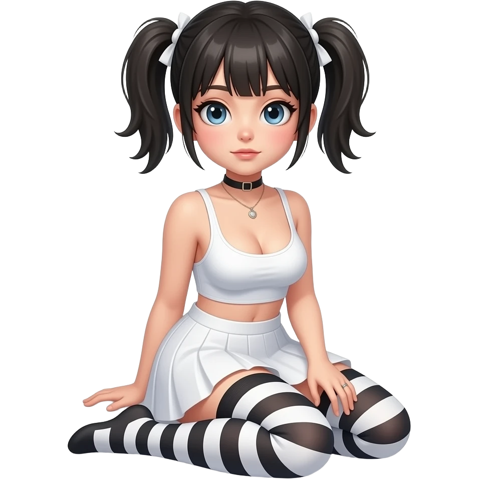 Hyperrealistic Frontal view curvy emo girl sits white skirt striped stockings. Nude boobs. emoji