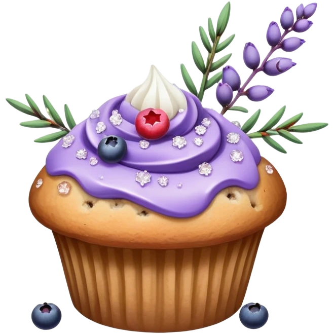 Lavender flower sprig muffin with berries and sugar crystals emoji