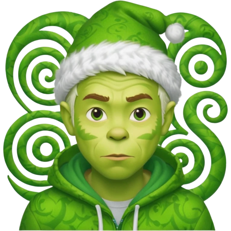 Create an avatar of white European male in hoodie with ``BST`` letters on it. Make background to look like from movie Grinch emoji