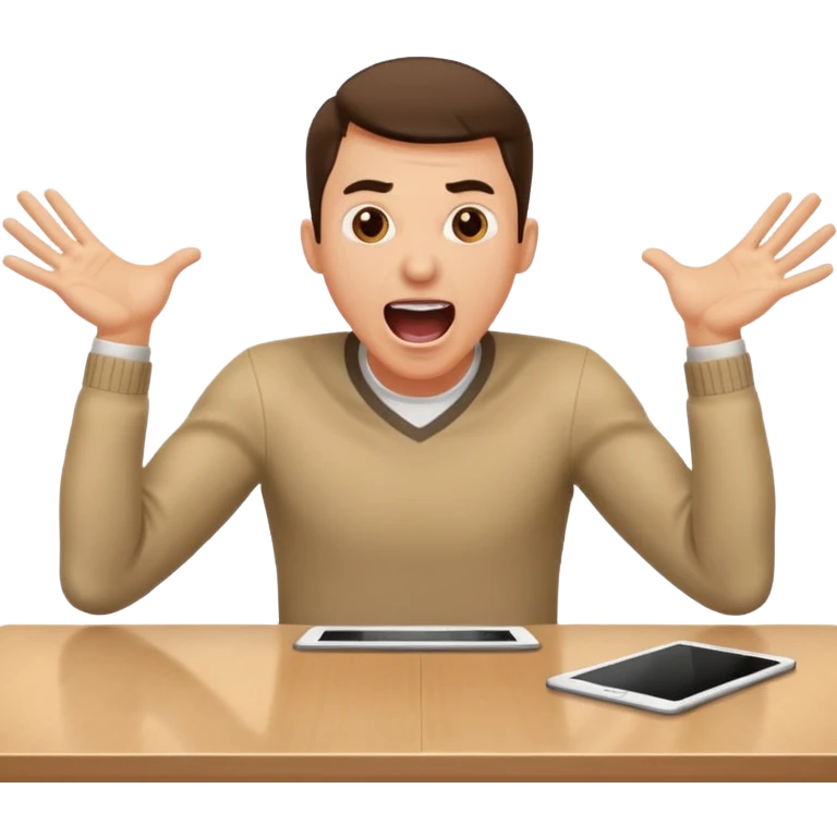 man sitting at a table, shouting, hands on the table, leaning forward, working, energetic emoji