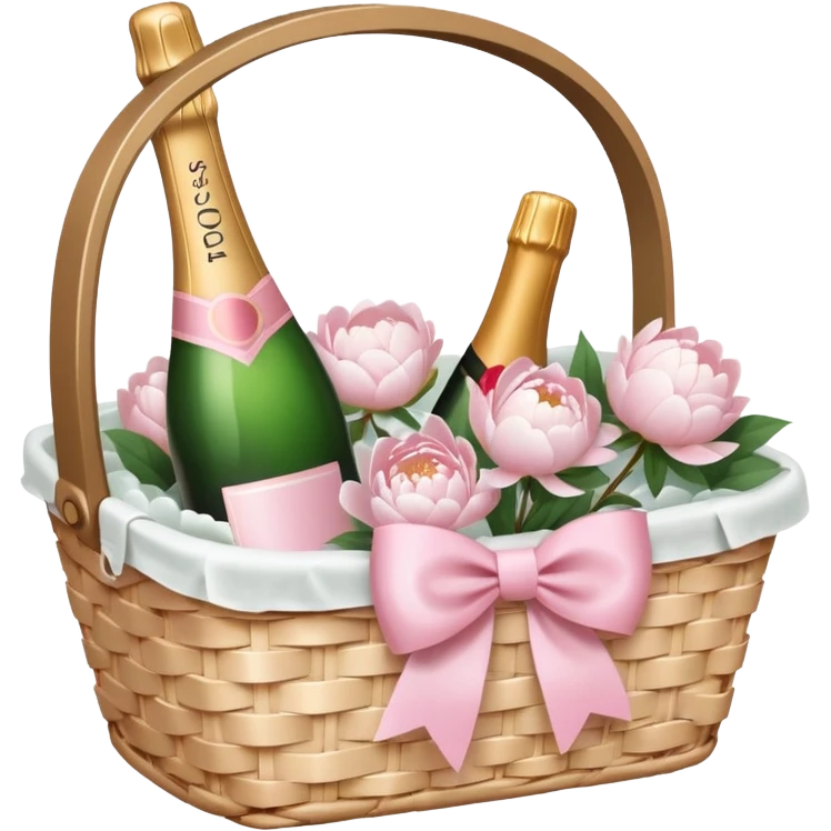 White Picnic basket with light pink bow and white peonies and one pink champage bottle inside emoji