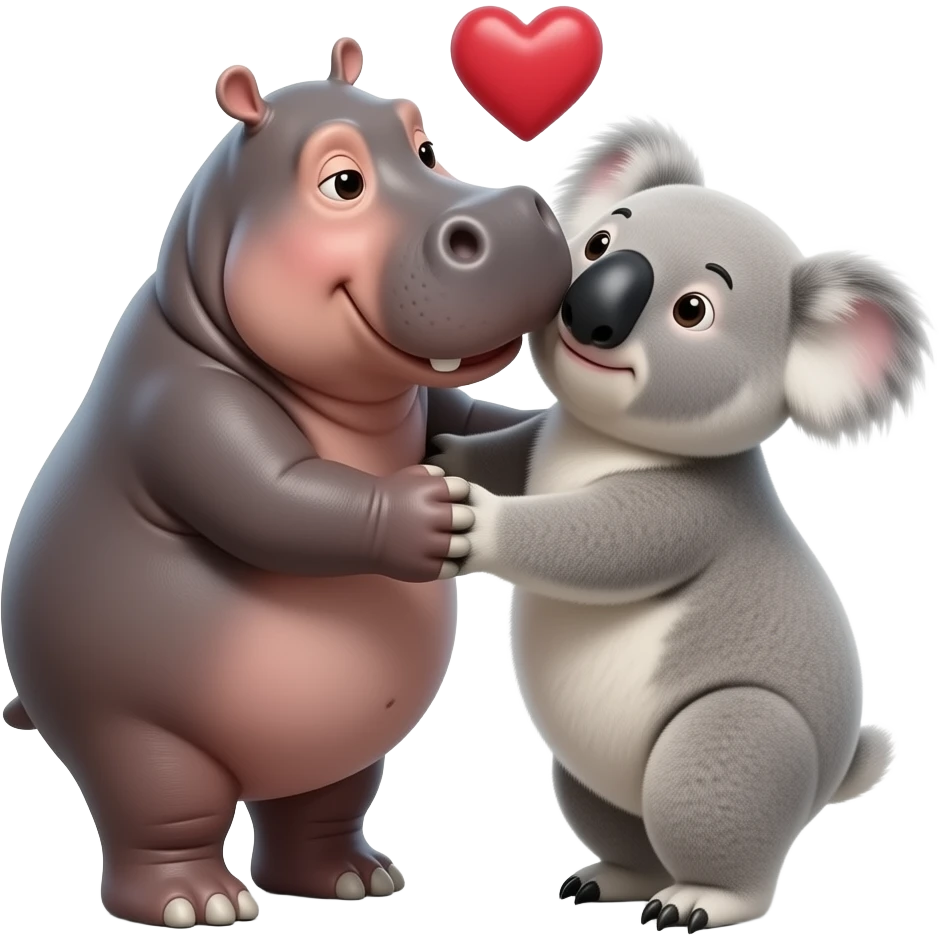 Hippo kissing koala face in love. Hugging.  Realistic. Not cartoon.  Hearts. emoji