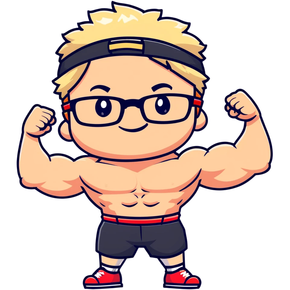 Regular man with black and white cap, bare torso, red shorts, clear glasses, messy light blond mullet hairstyle, smiling and flexing muscles emoji
