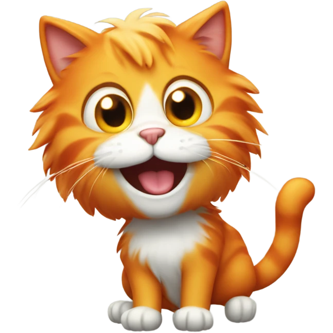 A playful cartoon cat with big eyes and orange fur, laughing with its mouth open. emoji