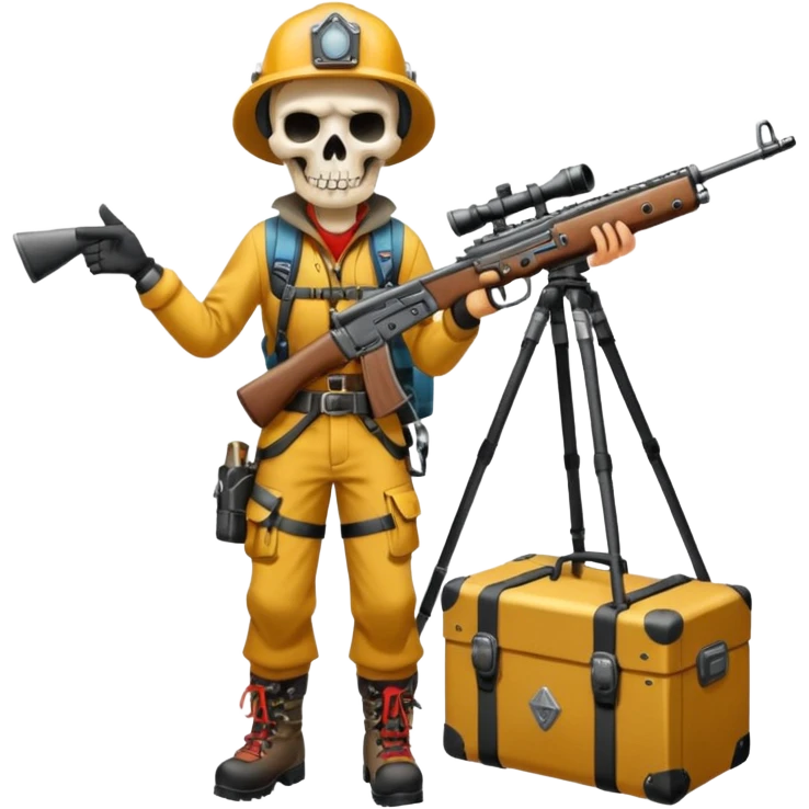 Yodeling mountain climber in Switzerland with a machine gun pointing to the right, full body, in the style of your bleeding skull art emoji