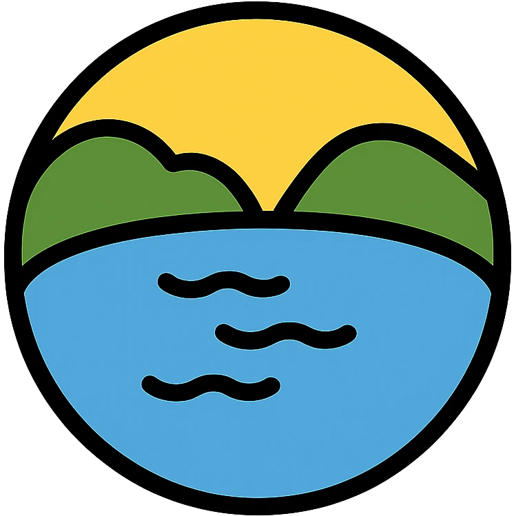 lake icon, circular shape, medium black border, no frame, white background, minimalist, Little Alchemy inspired, color outline style emoji