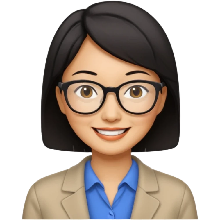 a middle-aged Asian woman with short hair wearing glasses and an impression emoji