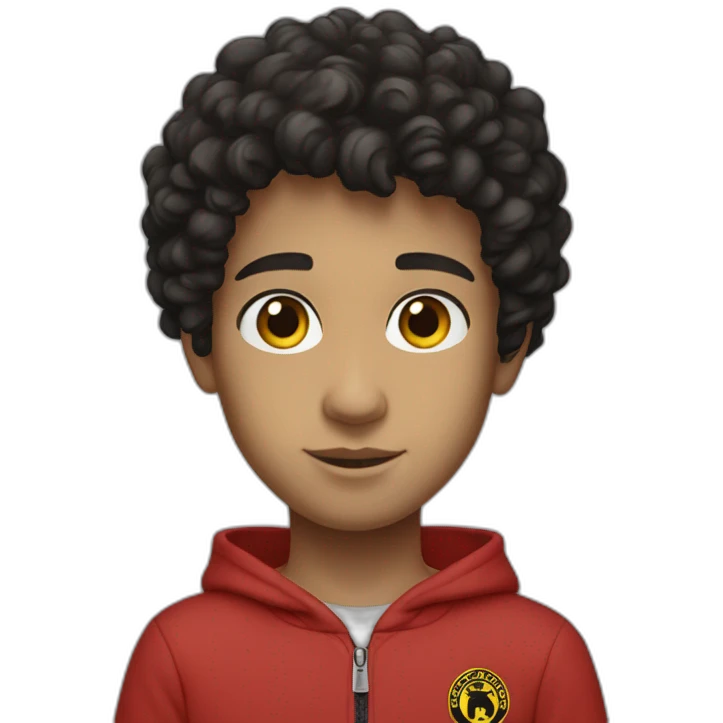 Boy, black curly hair, brown eyes, red sweatshirt Stone Island emoji