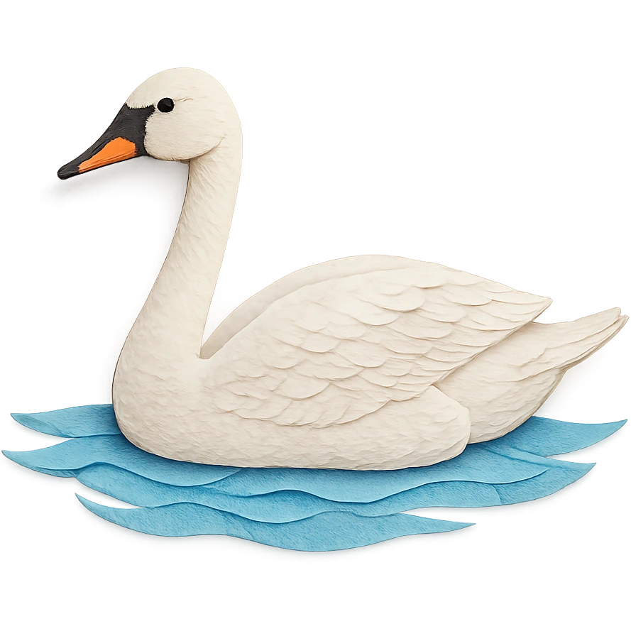 close-up of a tundra swan floating on water, paper craft style, distinct layered paper effect, realistic feather patterns, soft blue water emoji