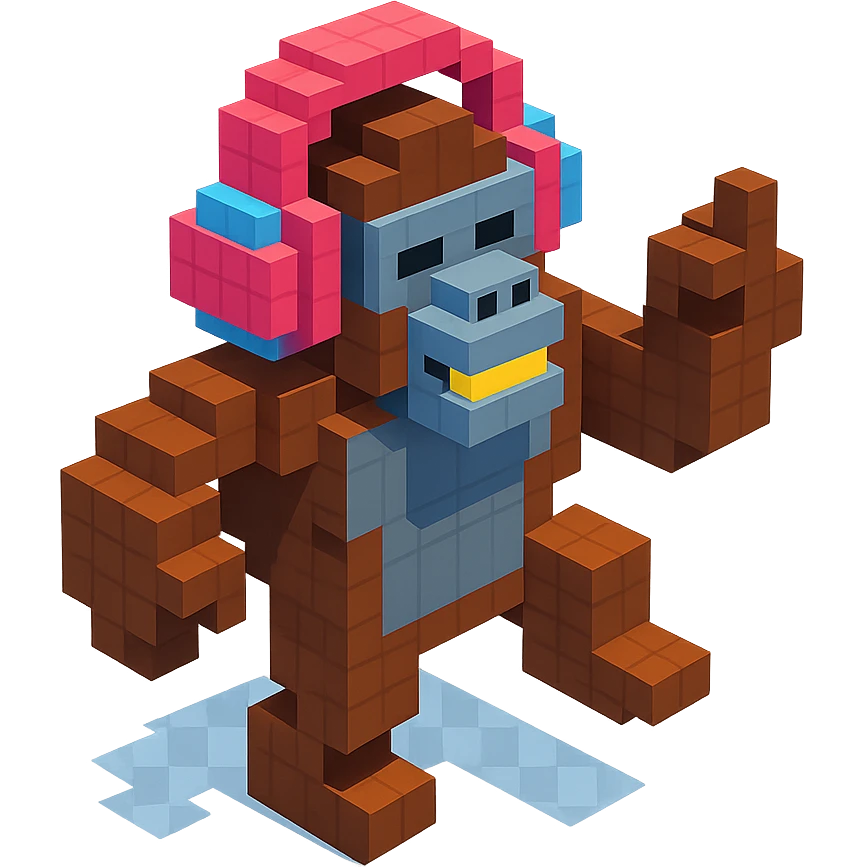 gorilla with headphones dancing, isometric view, voxel style emoji