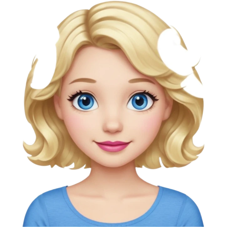 Girl Blonde short wavy hair,  blue eyes, cute blue top, long lashes, pink lips, smiling, 👍🏻 emoji