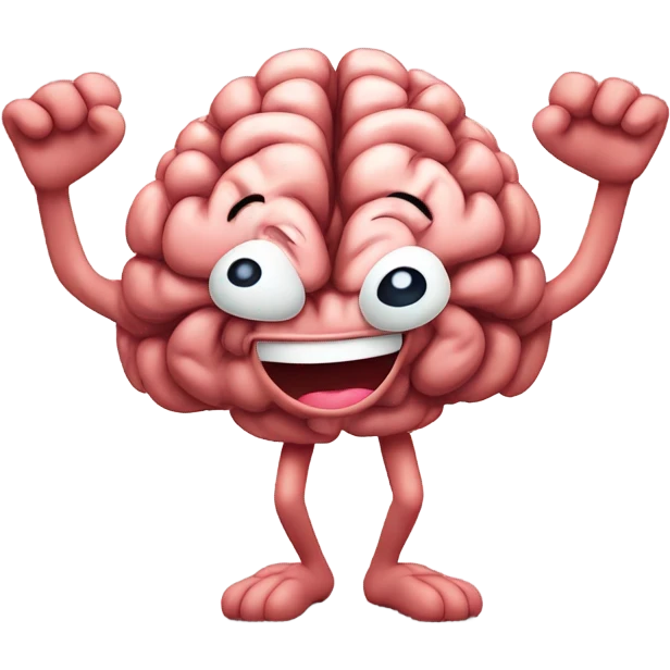Happy brain with legs and arms, really happy, gaping mouth insane emoji