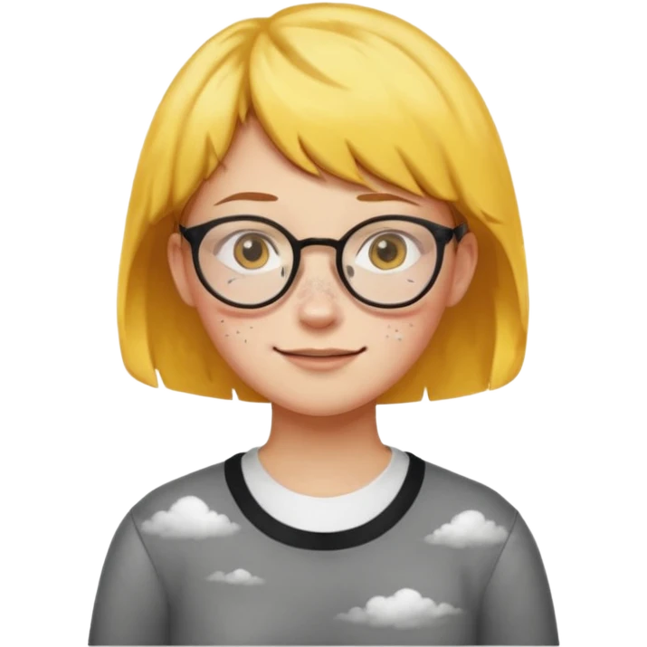round-faced high school girl with glasses and short hair, yellow skin, smiling but with subtle signs of inner anger, surrounded by clouds emoji