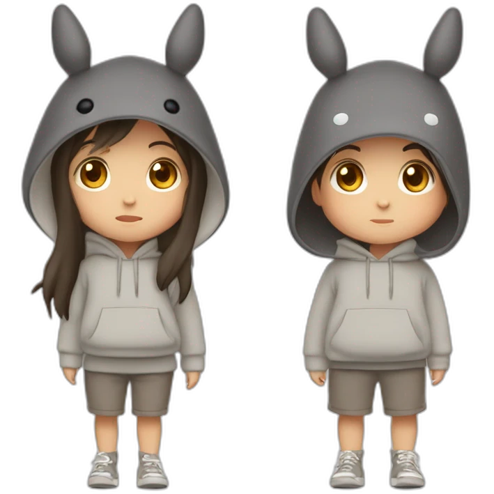 Fille Brune avec un sweat-capuche Totoro avec les couleurs de Totoro emoji