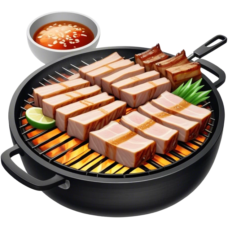 Cinematic Realistic Samgyeopsal Dish Emoji, depicted with sizzling, thick slices of pork belly grilled to perfection rendered with rich textures and warm, inviting lighting. emoji