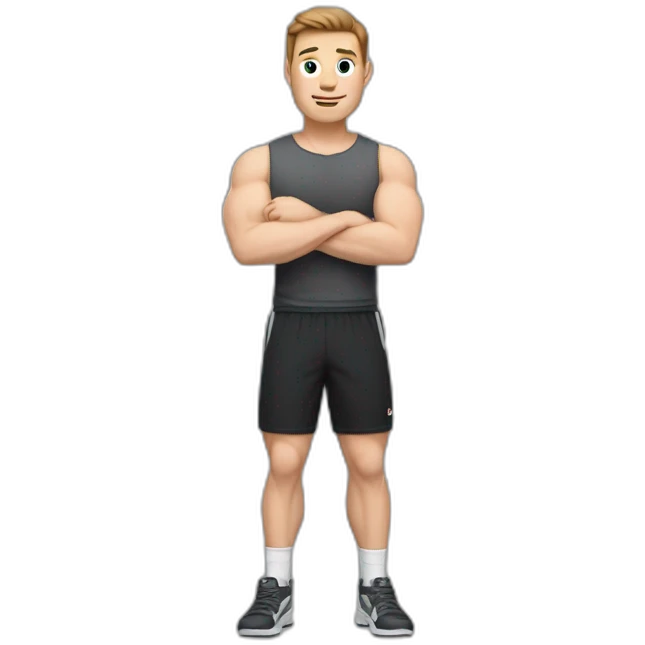 Close up Actively gesturing  with hands Pale skinned Fit Man With the biceps and brown hair in dark gray Sleeveless Mike, black oversize sports shorts, watch and white Sneakers emoji