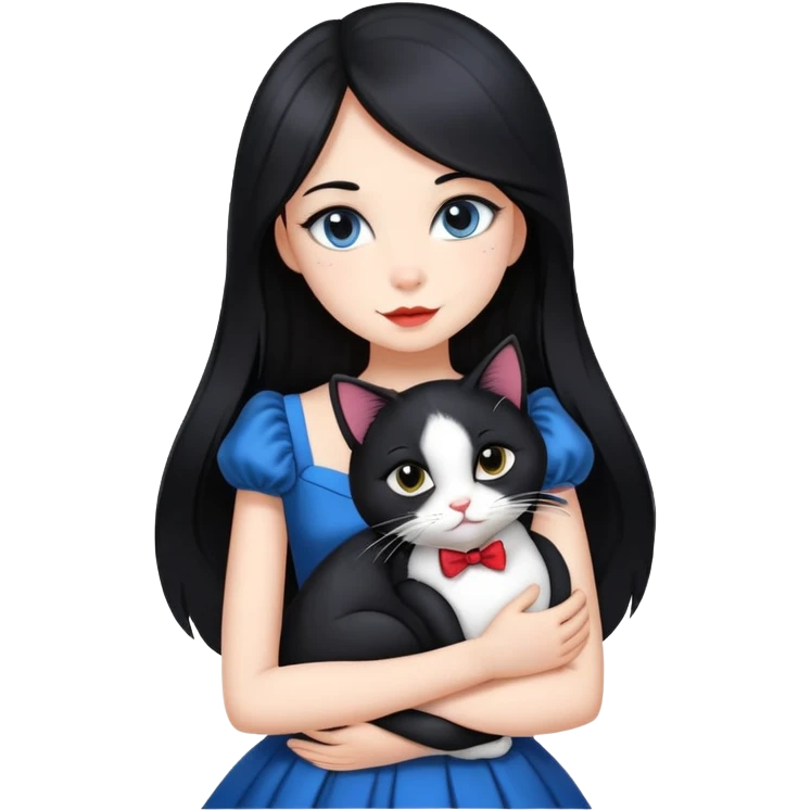 A beautiful girl with long black hair wearing a dress hugs a tuxedo cat emoji