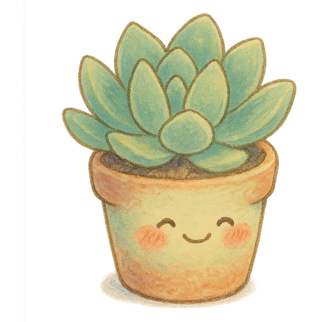 small potted succulent plant, Japanese pastel hand-drawn, full object, transparent background, with blushing cheeks emoji