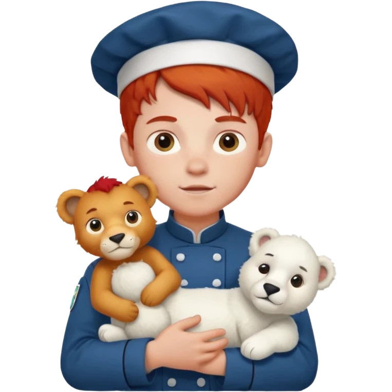 boy kid italian chef, red haired, uniform, holding plush polar lion emoji