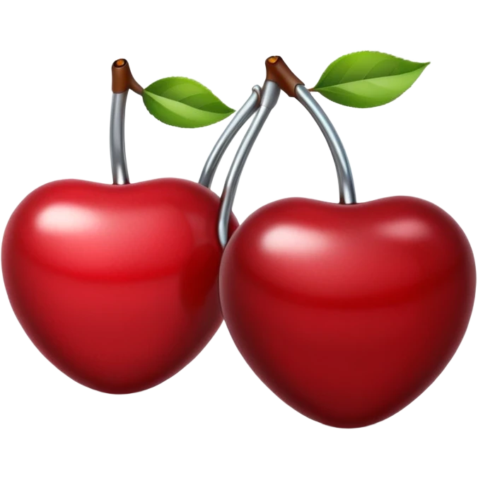 A pair of cherries emoji made of polished silver chrome, smooth rounded shapes, glossy metallic finish, soft highlights and reflections, cute proportions, iOS emoji style, centered, clean white background, no text emoji