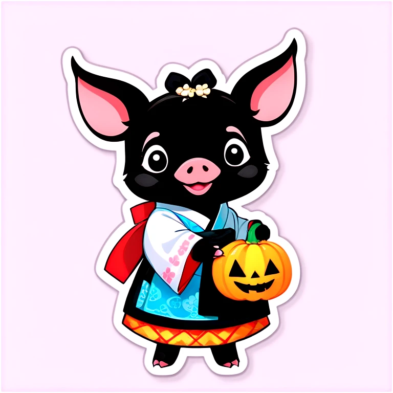 A black piglet wearing hanbok and holding a pumpkin with “luck” written on it. emoji